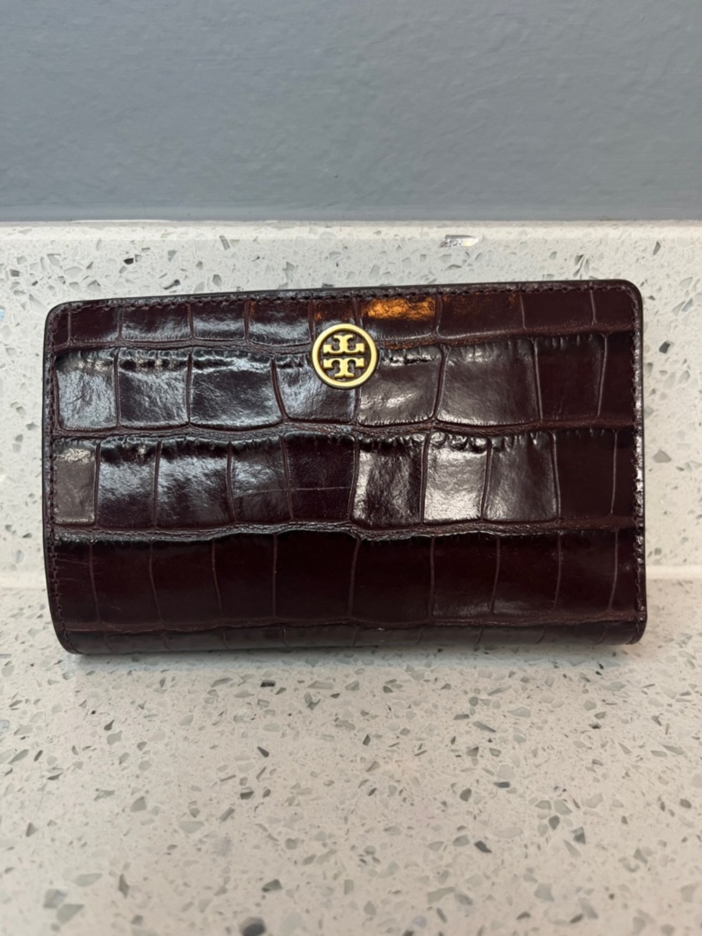 Tory Burch Croc-Embossed Wallet in Deep Burgundy with Gold Logo
